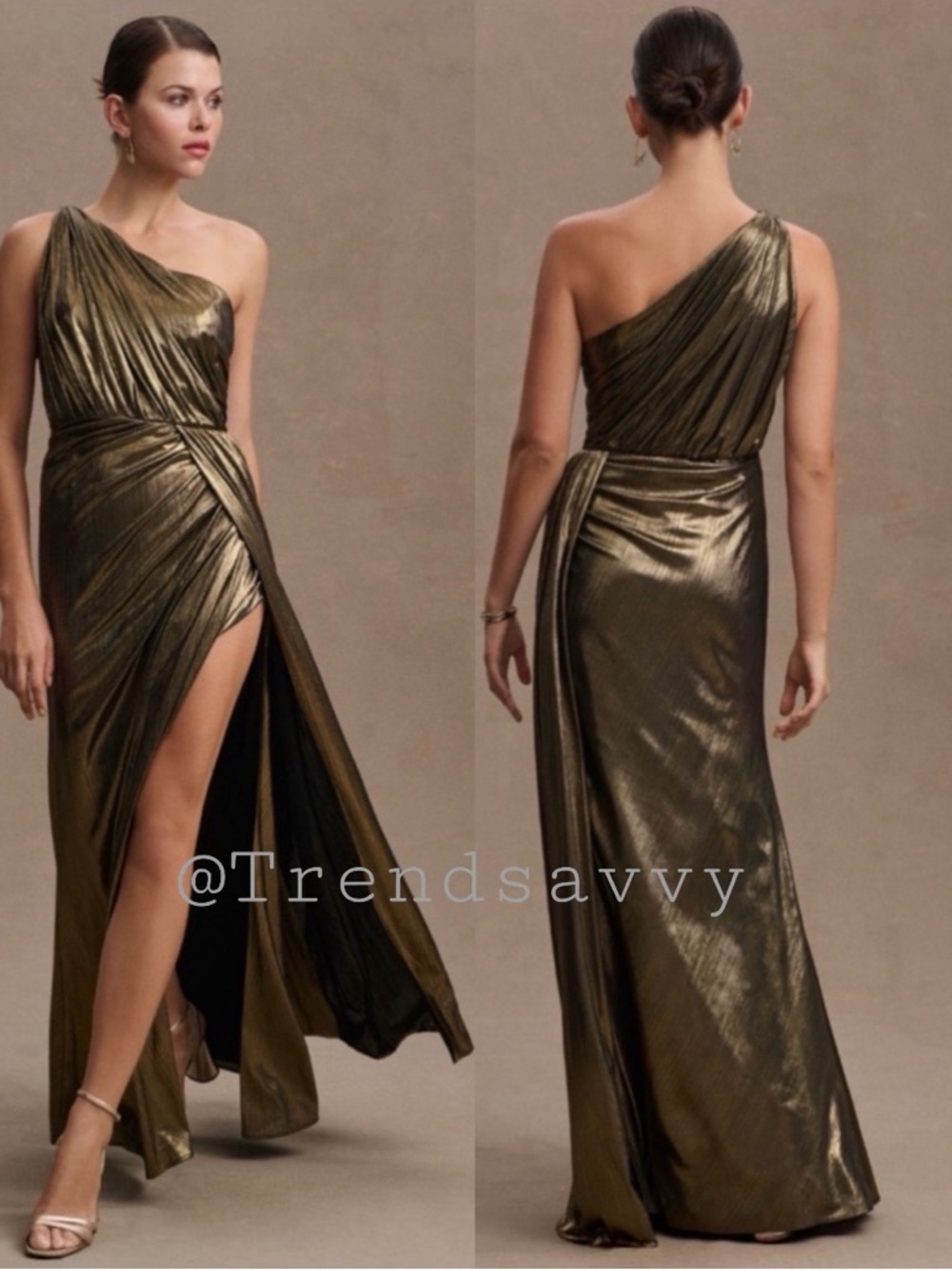 Anthropologie Mac Duggal Metallic Gold One Shoulder Maxi Gown 10 Formal Occasion